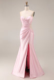 Pink Satin Mermaid Sweetheart Ruched Long Formal Dress with Slit