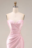Pink Satin Mermaid Sweetheart Ruched Long Formal Dress with Slit