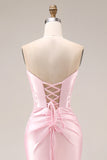 Pink Satin Mermaid Sweetheart Ruched Long Formal Dress with Slit