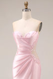 Pink Satin Mermaid Sweetheart Ruched Long Formal Dress with Slit