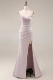 Satin Mermaid Light Purple Sweetheart Ruched Beaded Long Formal Dress with Slit