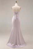 Satin Mermaid Light Purple Sweetheart Ruched Beaded Long Formal Dress with Slit