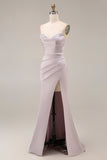 Satin Mermaid Light Purple Sweetheart Ruched Beaded Long Formal Dress with Slit