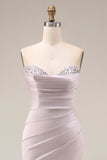 Satin Mermaid Light Purple Sweetheart Ruched Beaded Long Formal Dress with Slit