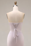 Satin Mermaid Light Purple Sweetheart Ruched Beaded Long Formal Dress with Slit