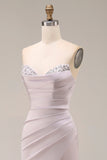 Satin Mermaid Light Purple Sweetheart Ruched Beaded Long Formal Dress with Slit