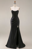 Satin Mermaid Black Sweetheart Sheer Corset Ruched Beaded Long Formal Dress with Slit