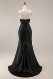 Satin Mermaid Black Sweetheart Sheer Corset Ruched Beaded Long Formal Dress with Slit