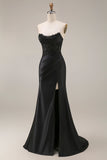 Satin Mermaid Black Sweetheart Sheer Corset Ruched Beaded Long Formal Dress with Slit