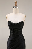 Satin Mermaid Black Sweetheart Sheer Corset Ruched Beaded Long Formal Dress with Slit