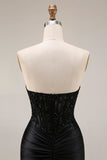 Satin Mermaid Black Sweetheart Sheer Corset Ruched Beaded Long Formal Dress with Slit
