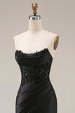 Satin Mermaid Black Sweetheart Sheer Corset Ruched Beaded Long Formal Dress with Slit