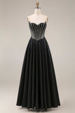 Satin A-Line Black Sweetheart Corset Long Formal Dress