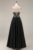Satin A-Line Black Sweetheart Corset Long Formal Dress