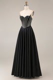 Satin A-Line Black Sweetheart Corset Long Formal Dress
