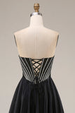 Satin A-Line Black Sweetheart Corset Long Formal Dress