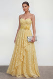 Yellow Sweetheart Ruched Long Lace Wedding Guest Dress with 3D Flower