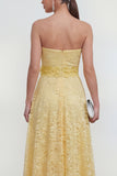 Yellow Sweetheart Ruched Long Lace Wedding Guest Dress with 3D Flower