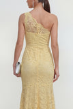 Lace Yellow One Shoulder Ruched Mermaid Long Dress
