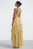 Yellow Lace A Line Asymmetrical Corset Tiered Wedding Guest Dress with Ruffles