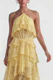 Yellow Lace A Line Asymmetrical Corset Tiered Wedding Guest Dress with Ruffles