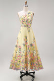 Yellow A-Line One Shoulder Embroidered Floral Midi Wedding Guest Dress