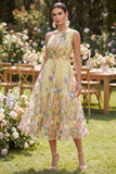 Yellow A-Line One Shoulder Embroidered Floral Midi Wedding Guest Dress