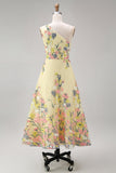 Yellow A-Line One Shoulder Embroidered Floral Midi Wedding Guest Dress