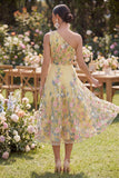 Yellow A-Line One Shoulder Embroidered Floral Midi Wedding Guest Dress