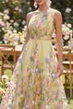 Yellow A-Line One Shoulder Embroidered Floral Midi Wedding Guest Dress