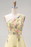 Yellow A-Line One Shoulder Embroidered Floral Midi Wedding Guest Dress