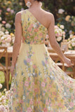 Yellow A-Line One Shoulder Embroidered Floral Midi Wedding Guest Dress