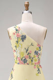 Yellow A-Line One Shoulder Embroidered Floral Midi Wedding Guest Dress