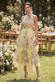 A-Line Yellow Halter Neck Embroidered Floral Midi Wedding Guest Dress