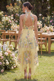A-Line Yellow Halter Neck Embroidered Floral Midi Wedding Guest Dress