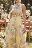 A-Line Yellow Halter Neck Embroidered Floral Midi Wedding Guest Dress