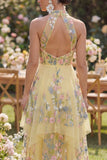 A-Line Yellow Halter Neck Embroidered Floral Midi Wedding Guest Dress