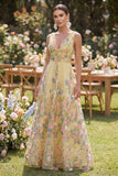 Tulle A-Line Yellow V-Neck Embroidered Long Floral Wedding Guest Dress