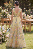 Tulle A-Line Yellow V-Neck Embroidered Long Floral Wedding Guest Dress