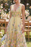Tulle A-Line Yellow V-Neck Embroidered Long Floral Wedding Guest Dress