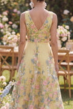 Tulle A-Line Yellow V-Neck Embroidered Long Floral Wedding Guest Dress