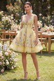 A-Line Yellow Tulle V-Neck Embroidered Mini Floral Wedding Guest Dress