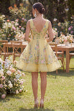 A-Line Yellow Tulle V-Neck Embroidered Mini Floral Wedding Guest Dress