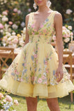 A-Line Yellow Tulle V-Neck Embroidered Mini Floral Wedding Guest Dress