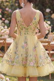 A-Line Yellow Tulle V-Neck Embroidered Mini Floral Wedding Guest Dress
