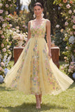 A-Line Yellow Square Neck Tulle Embroidered Midi Floral Wedding Guest Dress