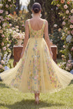A-Line Yellow Square Neck Tulle Embroidered Midi Floral Wedding Guest Dress