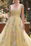 A-Line Yellow Square Neck Tulle Embroidered Midi Floral Wedding Guest Dress