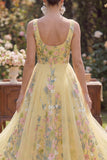 A-Line Yellow Square Neck Tulle Embroidered Midi Floral Wedding Guest Dress