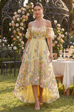 Off the Shoulder A-Line Yellow Tulle Embroidered Floral Wedding Guest Dress